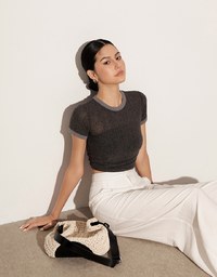 Contrast Trim Semi Sheer Knit Cropped Short Sleeve Tee