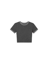 Contrast Trim Semi Sheer Knit Cropped Short Sleeve Tee