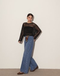 Relaxed Fit Sheer Crochet Openwork Knit Pullover Sweater