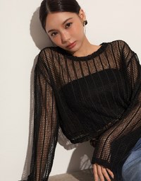 Relaxed Fit Sheer Crochet Openwork Knit Pullover Sweater