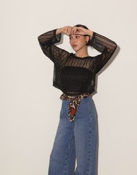 Relaxed Fit Sheer Crochet Openwork Knit Pullover Sweater