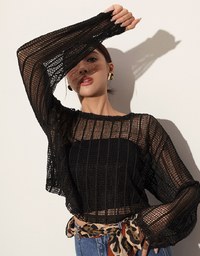 Relaxed Fit Sheer Crochet Openwork Knit Pullover Sweater