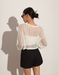 Relaxed Fit Sheer Crochet Openwork Knit Pullover Sweater