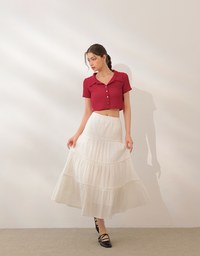 Sheer Knit Cropped Shirt with Heart Buttons and Lapel Collar