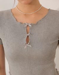 Ribbon Cut Out Ribbed Crop Top with Lettuce Hem