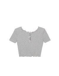 Ribbon Cut Out Ribbed Crop Top with Lettuce Hem