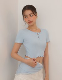 Ribbon Cut Out Ribbed Crop Top with Lettuce Hem
