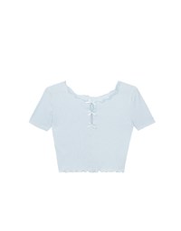 Ribbon Cut Out Ribbed Crop Top with Lettuce Hem