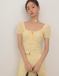 Square Neck Puff Sleeve Button Up Corset Top