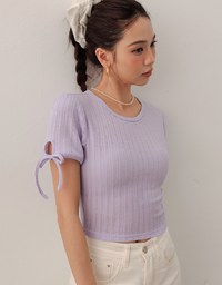 シアーリブ袖 リボンタイフィットトップス