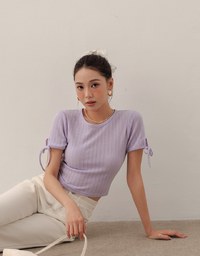 シアーリブ袖 リボンタイフィットトップス