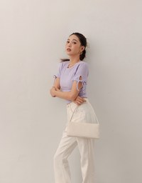 シアーリブ袖 リボンタイフィットトップス