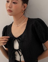 シャーリングリブ ダブルリボン前開きトップス