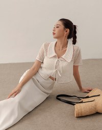Contrast Trim Crochet Tie Front Collared Top