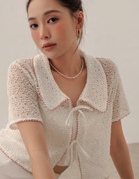 Contrast Trim Crochet Tie Front Collared Top