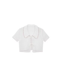 Contrast Trim Crochet Tie Front Collared Top