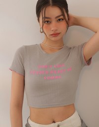Slogan Print Ribbed Cropped Tee with Contrast Lettuce Hem Trim