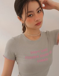 Slogan Print Ribbed Cropped Tee with Contrast Lettuce Hem Trim