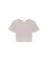 Slogan Print Ribbed Cropped Tee with Contrast Lettuce Hem Trim