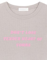 Slogan Print Ribbed Cropped Tee with Contrast Lettuce Hem Trim