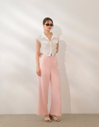 Collared Short Sleeve Blouse with Side Tie Ruched Details