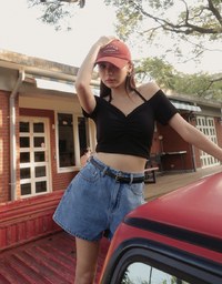 Off-Shoulder Halter Ribbed Knit Padded Cropped Top with Ruched Bust Detail