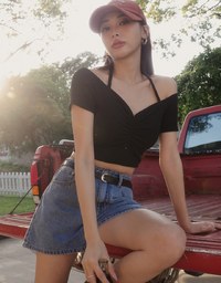 Off-Shoulder Halter Ribbed Knit Padded Cropped Top with Ruched Bust Detail