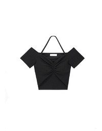 Off-Shoulder Halter Ribbed Knit Padded Cropped Top with Ruched Bust Detail