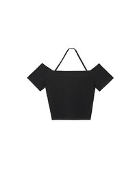 Off-Shoulder Halter Ribbed Knit Padded Cropped Top with Ruched Bust Detail