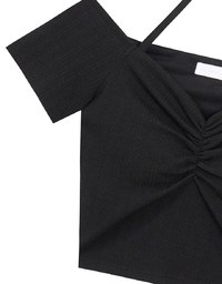 Off-Shoulder Halter Ribbed Knit Padded Cropped Top with Ruched Bust Detail