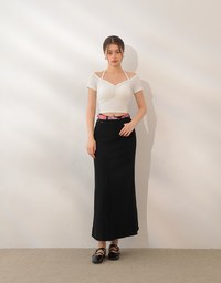 Off-Shoulder Halter Ribbed Knit Padded Cropped Top with Ruched Bust Detail