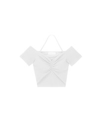 Off-Shoulder Halter Ribbed Knit Padded Cropped Top with Ruched Bust Detail