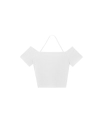 Off-Shoulder Halter Ribbed Knit Padded Cropped Top with Ruched Bust Detail