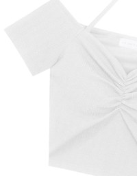 Off-Shoulder Halter Ribbed Knit Padded Cropped Top with Ruched Bust Detail