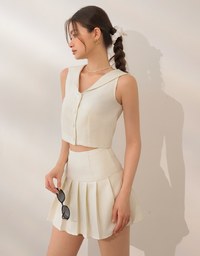 Textured Sailor Collar Sleeveless Button Up Cropped Top