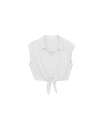 Button Down Collared Front Tie Sleeveless Cropped Shirt Top
