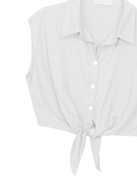 Button Down Collared Front Tie Sleeveless Cropped Shirt Top