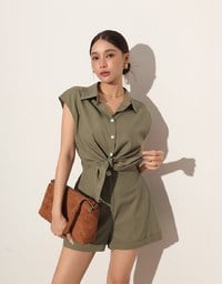 Button Down Collared Front Tie Sleeveless Cropped Shirt Top