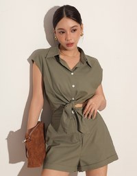 Button Down Collared Front Tie Sleeveless Cropped Shirt Top