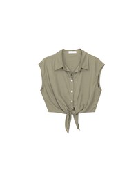 Button Down Collared Front Tie Sleeveless Cropped Shirt Top