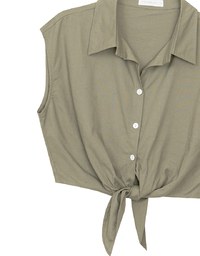 Button Down Collared Front Tie Sleeveless Cropped Shirt Top