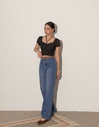Textured Ruched Front Puff Sleeve Crop Top with Beaded Tie Straps