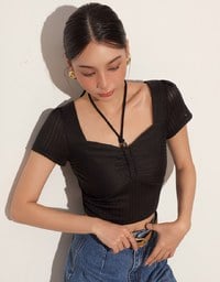 Textured Ruched Front Puff Sleeve Crop Top with Beaded Tie Straps