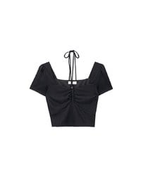 Textured Ruched Front Puff Sleeve Crop Top with Beaded Tie Straps