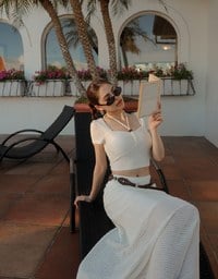 Textured Ruched Front Puff Sleeve Crop Top with Beaded Tie Straps