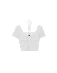 Textured Ruched Front Puff Sleeve Crop Top with Beaded Tie Straps