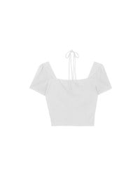 Textured Ruched Front Puff Sleeve Crop Top with Beaded Tie Straps