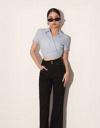 Side Ruched Wrap Crop Shirt with Collar Detail