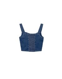 Cooling Jeans Denim Cropped Button Up Top with Stretch Back Detail