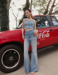 Cooling Jeans Denim Cropped Button Up Top with Stretch Back Detail